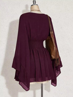 Burgundy A-line mini dress with bishop sleeves, smocked waist, and ruffled hem.