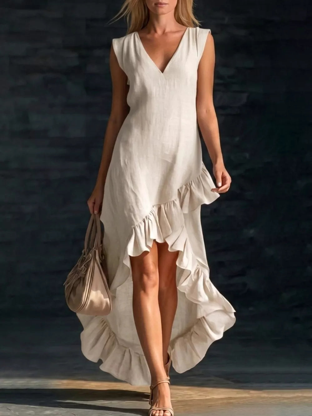 Full Size V-neck Ruffle Hem High-low Dress, back view