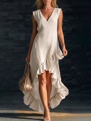 Full Size V-neck Ruffle Hem High-low Dress, back view
