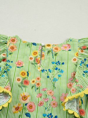 Floral printed cotton blouse with green stripes, ruffle sleeves, and yellow trim.