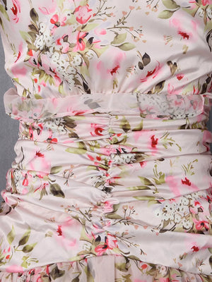Pink floral mini dress with ruched waist and ruffled detail