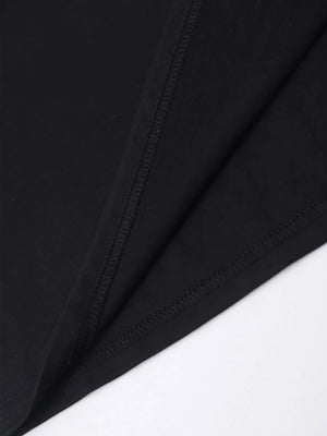 Black crewneck t-shirt with visible double-stitched hem detail.