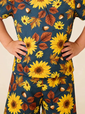Toddler tee and shorts set with sunflower and fall leaf print