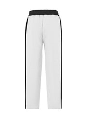 Men's white sweatpants with black side stripes and drawstring waist