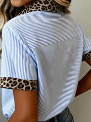 Blue striped button-down shirt with leopard print collar and cuffs
