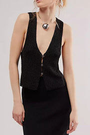 Black sparkle ribbed button-down vest with a deep V-neck and button closure.