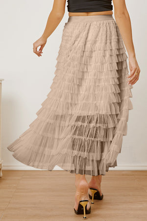 Tiered tulle maxi skirt in khaki with ruffled layers and a flowing silhouette.