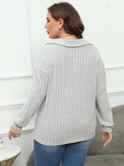 Relaxed ribbed polo top in gray with a collared neckline and long sleeves.