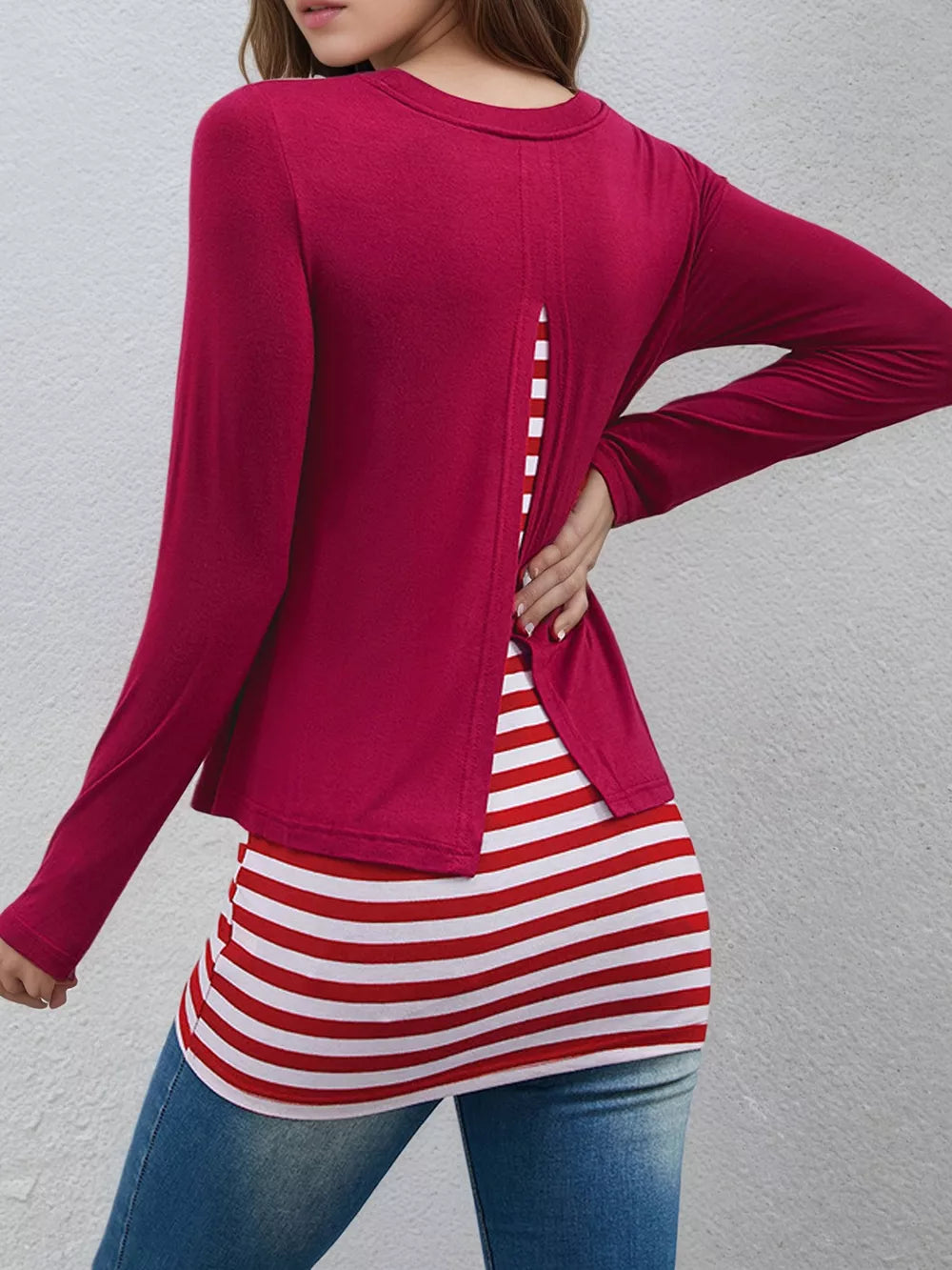 Layered Crew Neck Long Sleeve Striped T-shirt in Light Gray, back view