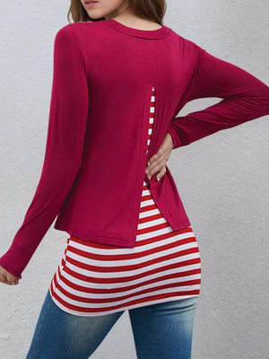 Layered Crew Neck Long Sleeve Striped T-shirt in Light Gray, back view