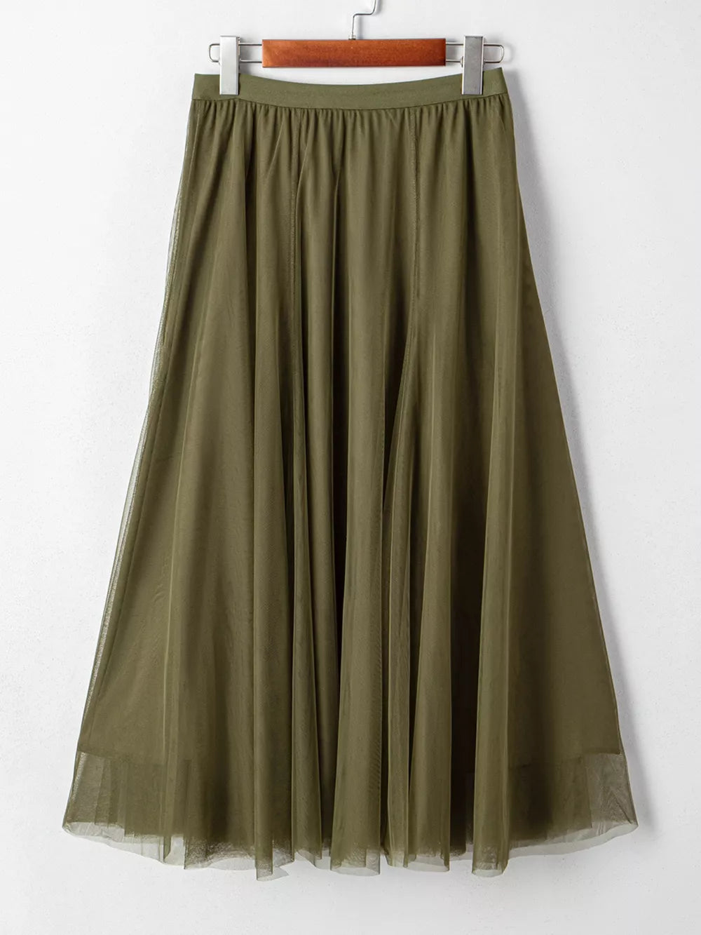 Army green tulle A-line midi skirt with a flowy silhouette and sheer hem.