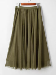 Army green tulle A-line midi skirt with a flowy silhouette and sheer hem.