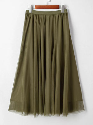 Army green tulle A-line midi skirt with a flowy silhouette and sheer hem.