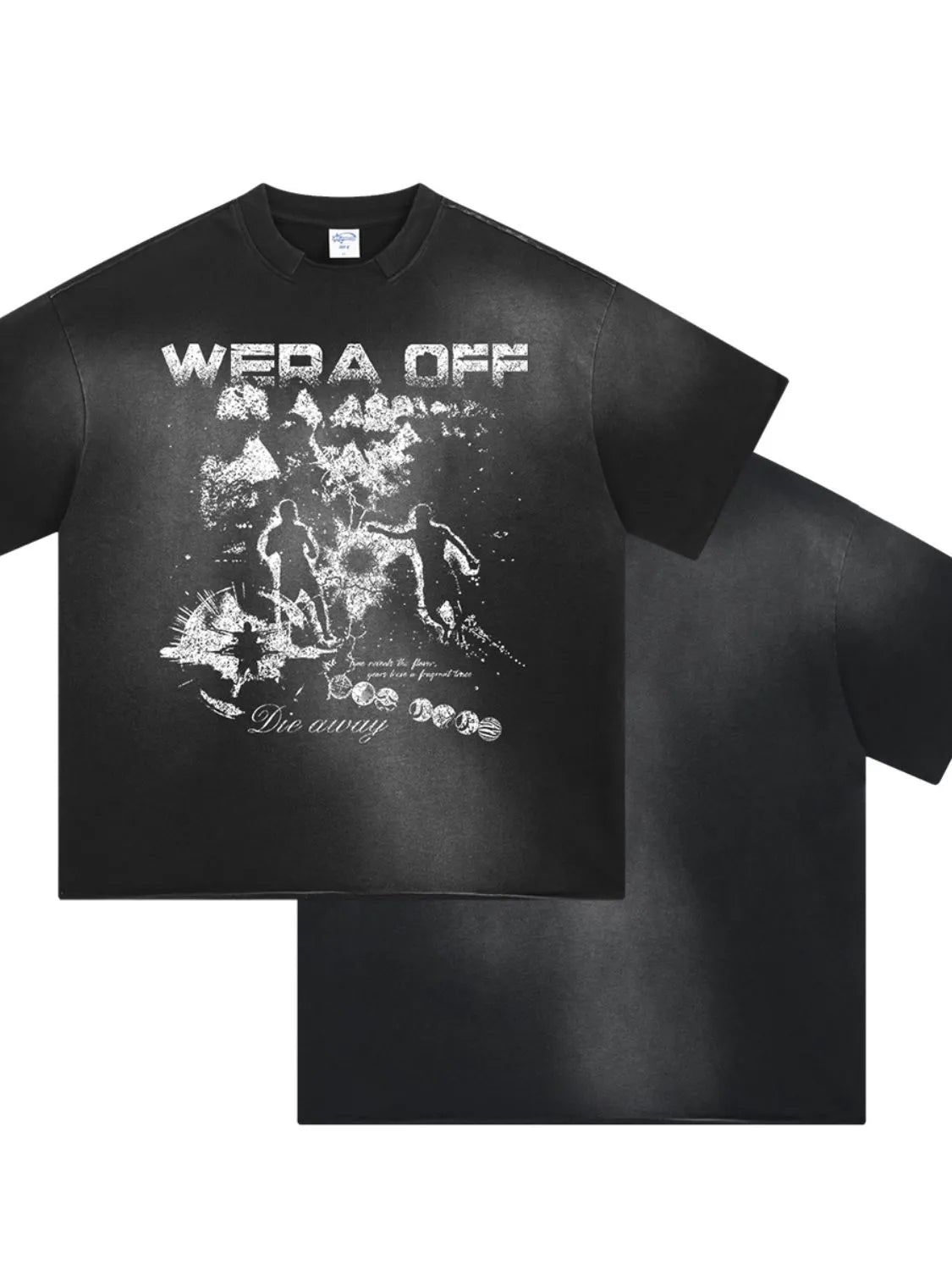 Black distressed graphic tee with "Wera Off" text and abstract design.