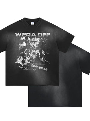Black distressed graphic tee with "Wera Off" text and abstract design.