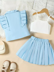 Blue toddler outfit with ruffled sleeves, white cami, and pleated skirt.