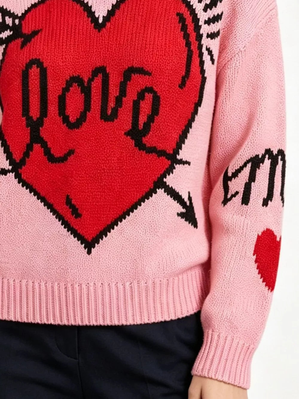 Heart Round Neck Ribbed Sweater in Pink, view 12