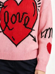 Heart Round Neck Ribbed Sweater in Pink, view 12