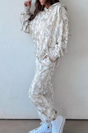 Multicolour Abstract Print Long Sleeve Pant Set in Light Gray, back view