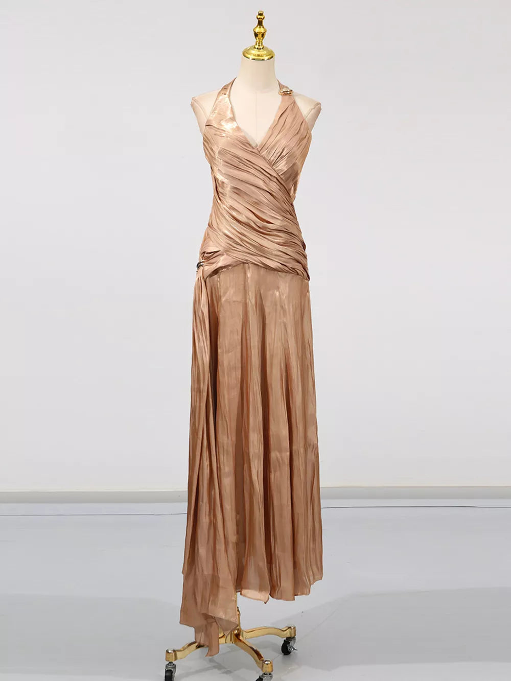 Halter Neck Ruched Maxi Dress in Champagne, close-up detail
