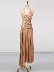 Halter Neck Ruched Maxi Dress in Champagne, close-up detail
