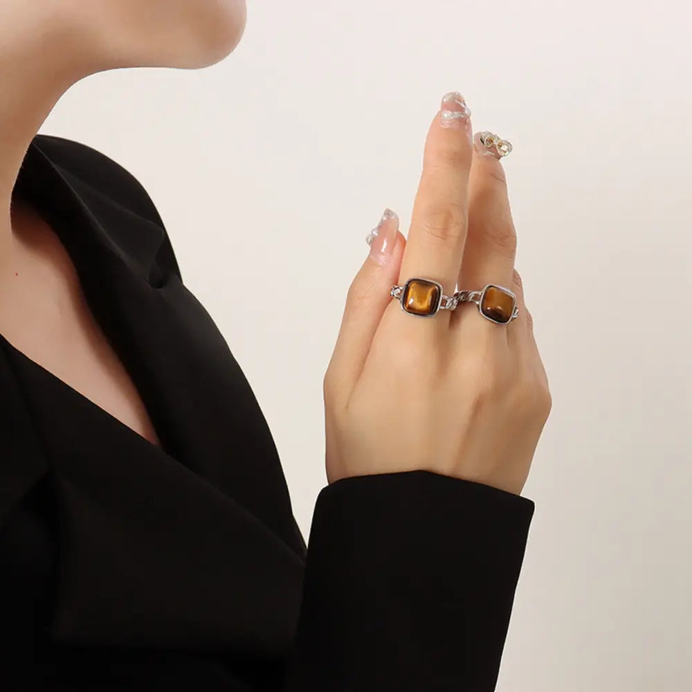Stone Square Chain Ring in Tiger's-eye/Silver with silver chain detail.
