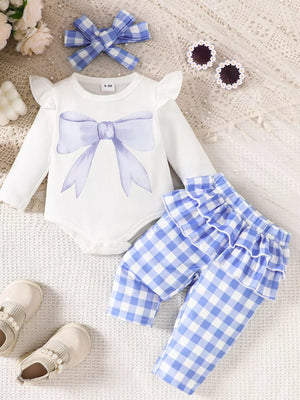 Children's Ruffled Bow Bodysuit And Pants Set in Pink, front view