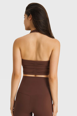 Brown halter neck sports bra with ruched back detail