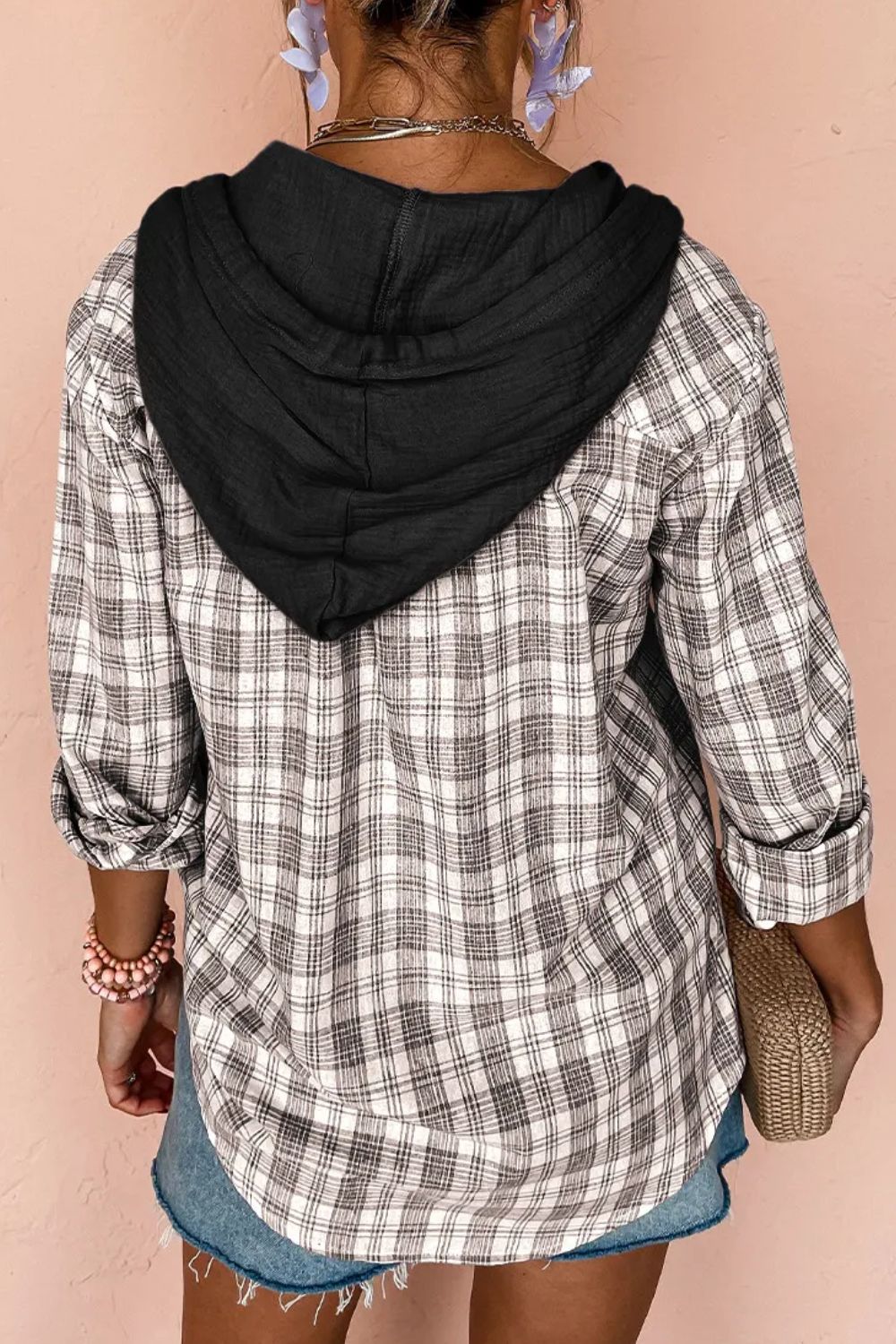 Plaid hooded shirt jacket with black hood and drawstring details, cotton blend.