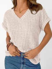 Relaxed fit ribbed V-neck t-shirt in light beige with cuffed short sleeves.