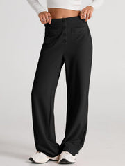 Black button-front palazzo trousers with flap pockets and wide legs.
