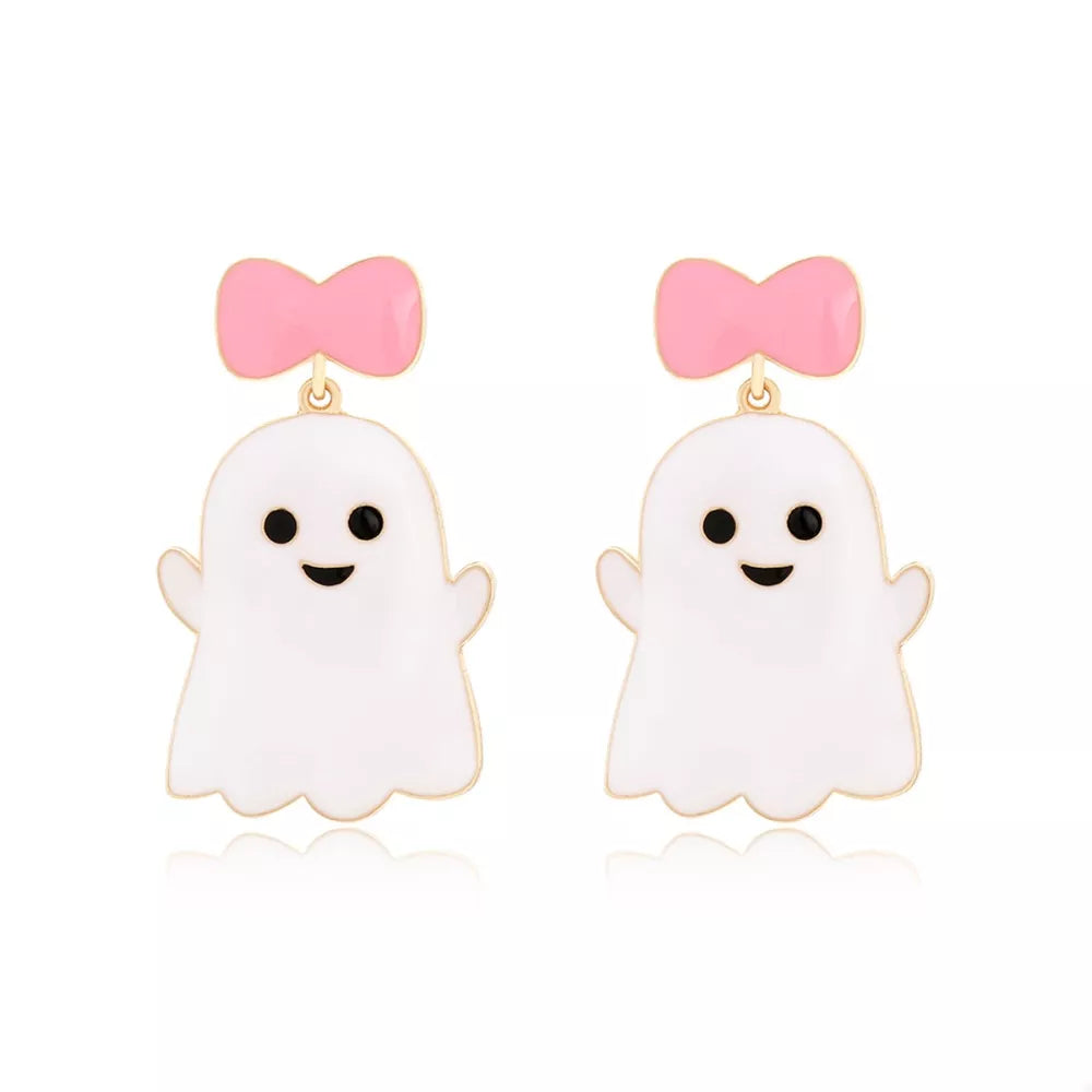 Playful ghost charm dangle earrings with pink bows, 18k gold accents.