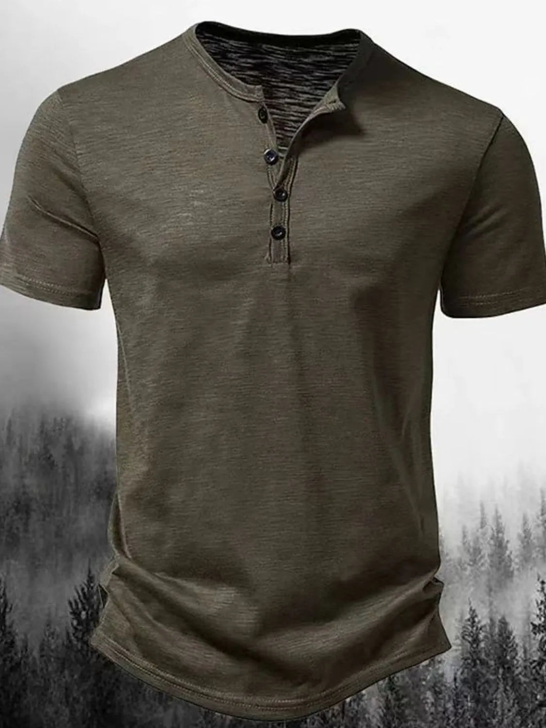 Army green textured henley tee with short sleeves and button placket.