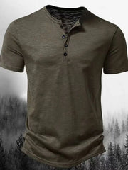 Army green textured henley tee with short sleeves and button placket.