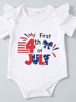 White baby bodysuit with ruffled sleeves and "My First 4th of July" graphic in red, white, and blue.