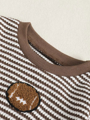 Baby set with brown and white stripes and a football applique.