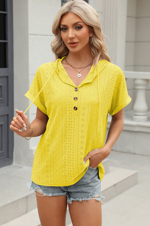 Yellow perforated henley hooded tee with button detail and short sleeves