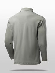 Sage long sleeve polo shirt with classic fit and black collar trim.