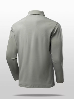 Sage long sleeve polo shirt with classic fit and black collar trim.