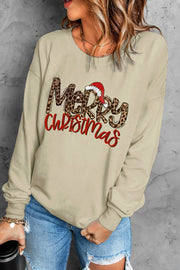 Khaki crewneck sweatshirt with leopard print "Merry" and red "Christmas" text and Santa hat detail.