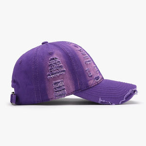 Purple distressed canvas baseball cap with frayed details