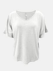 White relaxed v-neck dolman sleeve tee with textured fabric