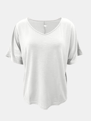 White relaxed v-neck dolman sleeve tee with textured fabric
