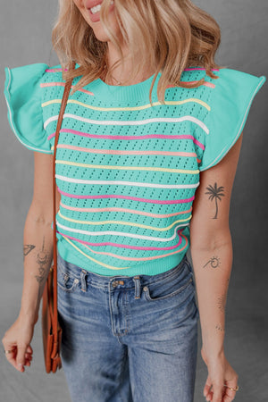 Turquoise striped knit tunic with ruffled sleeves and a cutout pattern.