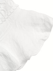 White lace-trimmed maternity romper with flutter sleeves and airy fabric detail.