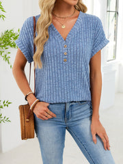 Light blue ribbed knit V-neck t-shirt with short sleeves and three button details.