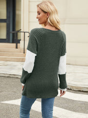 Ribbed Henley sweater in Army Green with white colorblock sleeves and a crew neck.