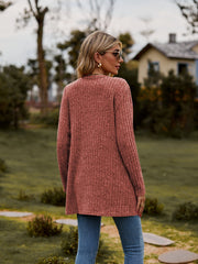 Longline ribbed knit button-down cardigan in Rust, featuring a relaxed fit and long sleeves.