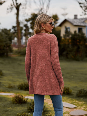 Longline ribbed knit button-down cardigan in Rust, featuring a relaxed fit and long sleeves.