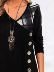 Asymmetrical Plaid Patchwork Long Sleeve Dress in Black, model styling view